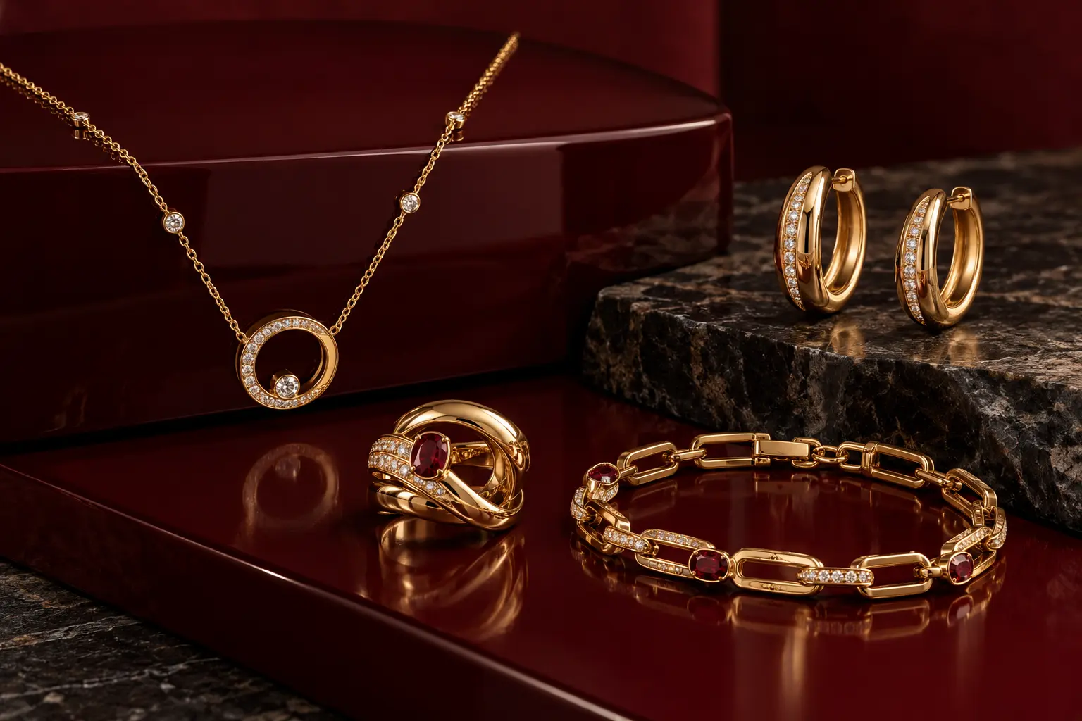 Italian gold jewelry collection on burgundy lacquer